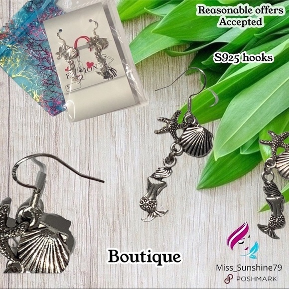 NEW  Mermaid Shell dangle 925 hook silver earrings - Picture 1 of 6